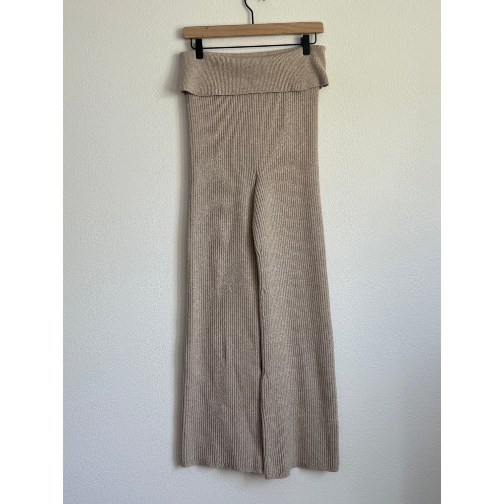 Aerie Ribbed Wide Leg Sweater Pants L Tan Coastal Minimalist Cozy Lounge Knit